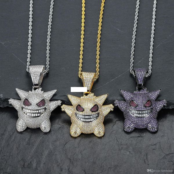 

full rhinestone gengar iced out pendant necklace hip hop bling chains jewelry for men with twisted chain 2019 new fashion, Silver