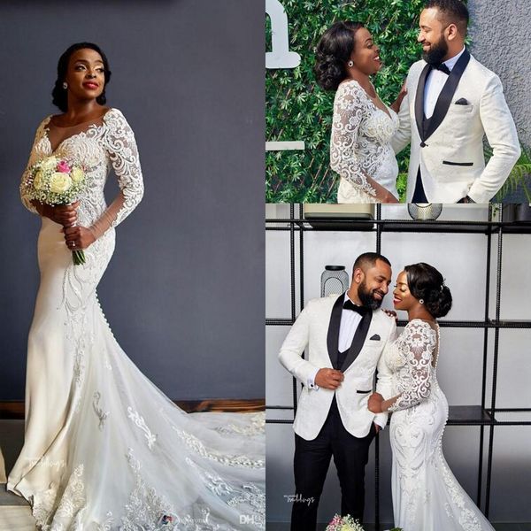 

african vintage black girls ivory long sleeves mermaid wedding dresses 2020 new sheer neck lace appliques satin wedding bridal gowns, White