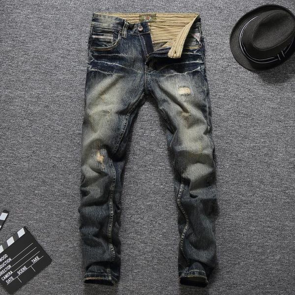 

2020 fashion trend hole men's jeans retro old worn yellow slim small straight denim trousers men tide size 28-36, Blue
