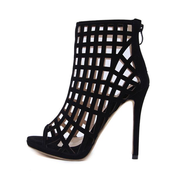 

high heels women's ankle boots lattice hollow thin heels boots women peep toe women's shoes for fall and spring, Black