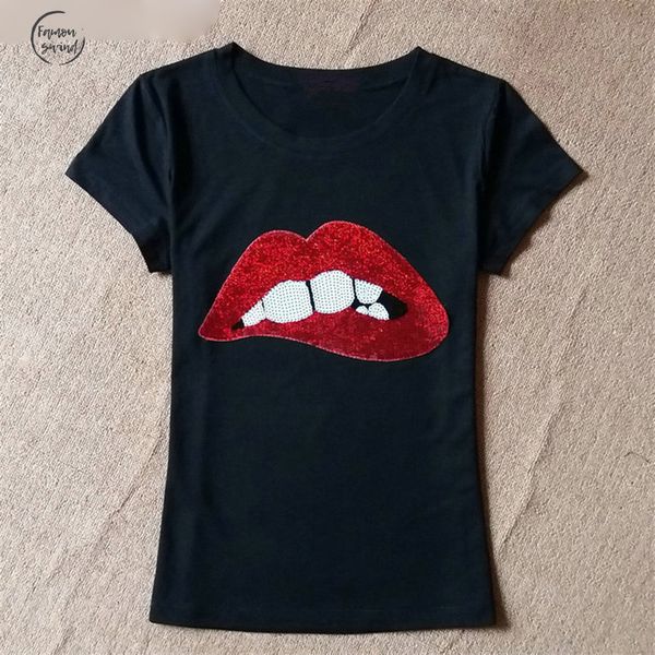 

халс новая мода футболка кардон vrouwen топы sexy помада пришивания t shirt kleding zomer корте mouw drop доставка, White