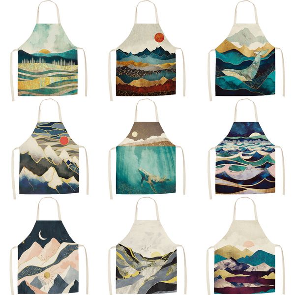 

parent-child kitchen apron landscape painting series printed sleeveless cotton linen aprons for men women home cleaning tools