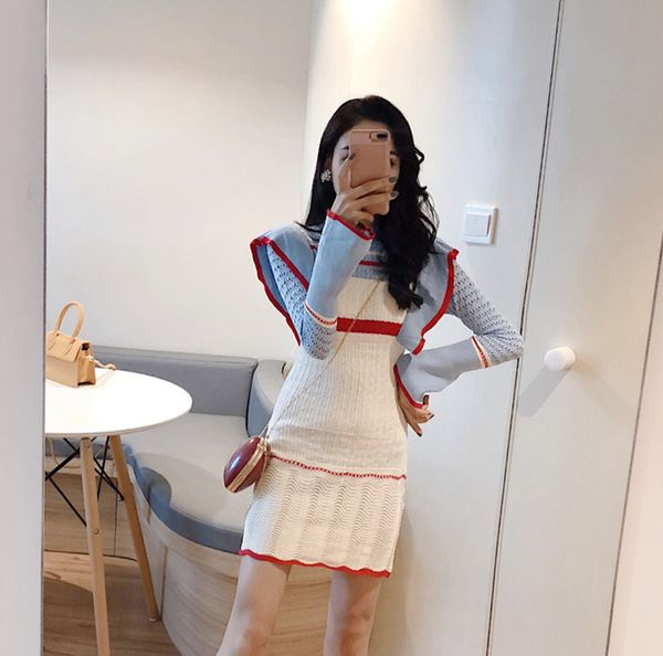 

knitted shirt womens long sleeve spring 2020 new korean style small fragrance temperament high collar slim slimming hip skirt tide, White