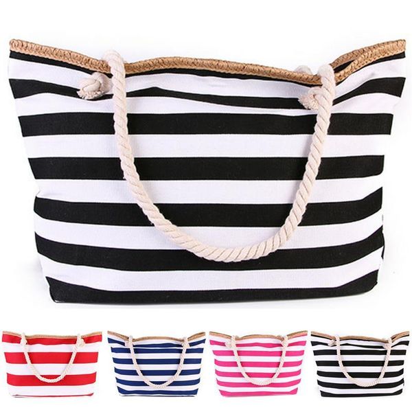 

1pc fashion women canvas beach tote bag summer wild large capacity striped shoulder bag tote handbag shoulder bags for travel t200409