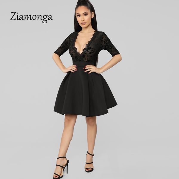 

ziamonga black lace skater dresses women half sleeve floral print v-neck ball gown mesh layer dress party night vestidos, Black;pink