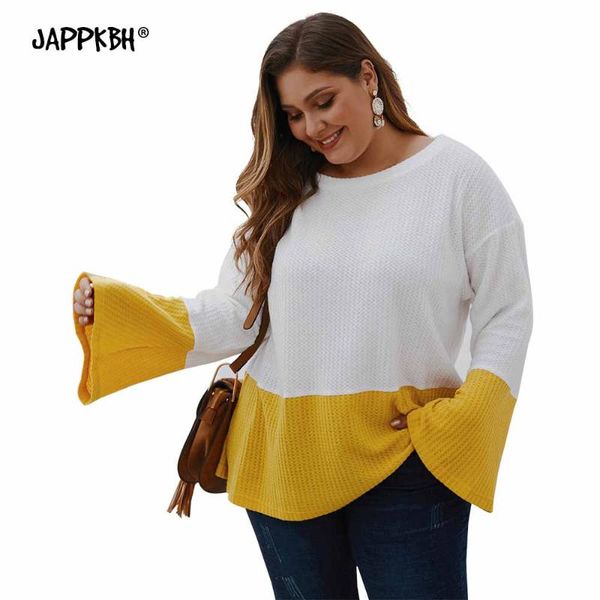 

2020 women's sweater autumn casual oversize knitted patchwork pullover jacket female plus size flare sleeve outwear, White;black