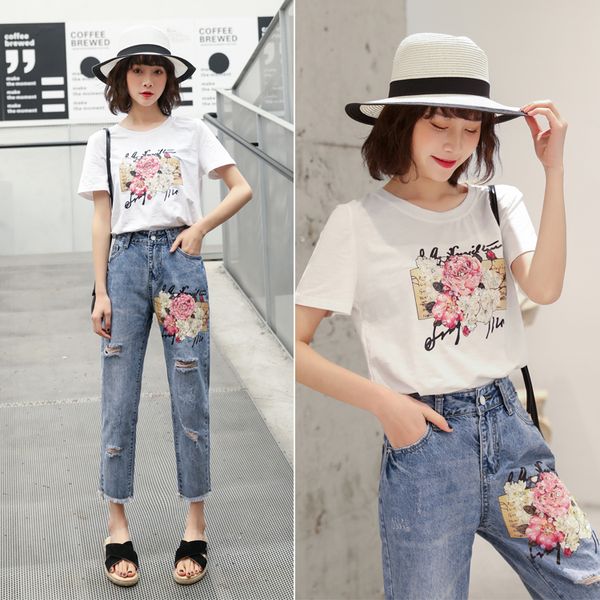 

2019 new spring bead piece printing denim holes embroidery nine points jeans pants women, Blue