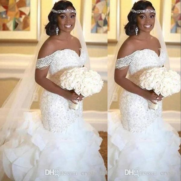 

new off shoulder african mermaid wedding dresses lace appliques crystal beaded organza ruffles tiered formal plus size bridal gowns, White