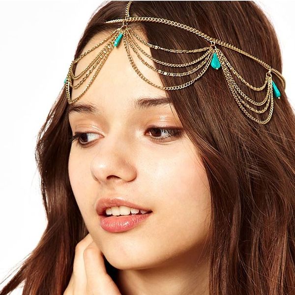 

wholesale women girl headpieces for wedding party adjustable bohemian long tassels chain crystal headband hair ornaments, Golden;white