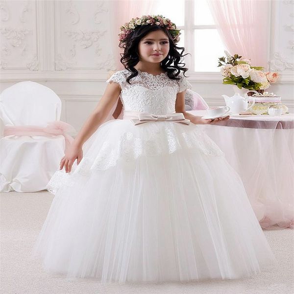 

lovely white flower girl dresses o-neck fluffy tulle sleeveless lace appliques bow belt princess pageant holy communion dresses, Red;yellow