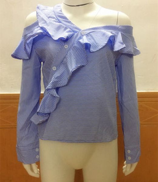 

2017 new autumn women fashion off shoulder skew collar striped long sleeve button ruffles shirt casual blouse, White