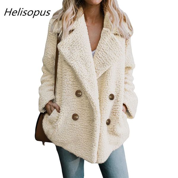 

helisopus winter women fashion fluffy jacket turn-down collar solid color double breasted design overcoat long sleeve slim coat, Black