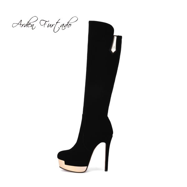 

arden furtado 2018 spring autumn winter black stilettos platform knee high boots round toe zipper women's shoes high heels