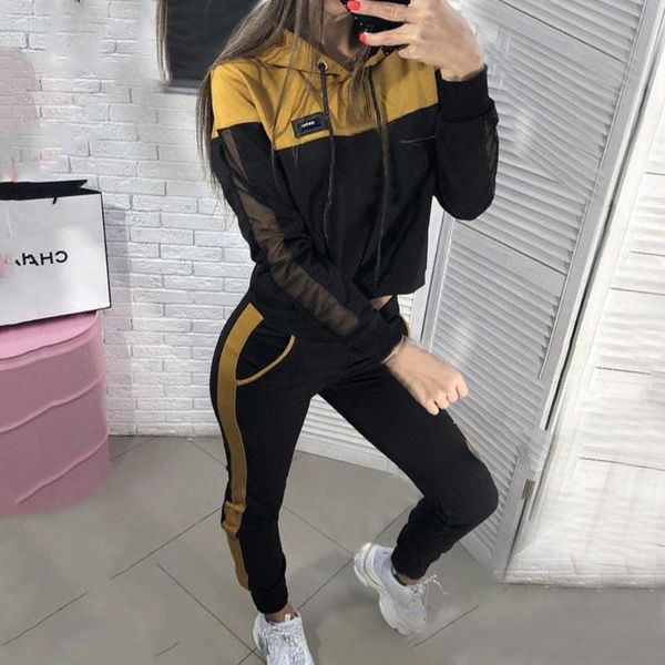 

2019 new autumn women tracksuits set patchwork hooded sweatshirt and pants ladies 2 pieces fitness joggers sport suit sportswear, Black;blue