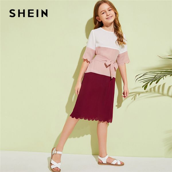 

shein kiddie girls cut and sew scallop trim tunic dress with belt kids 2019 summer half sleeve colorblock midi casual dresses, Red;yellow