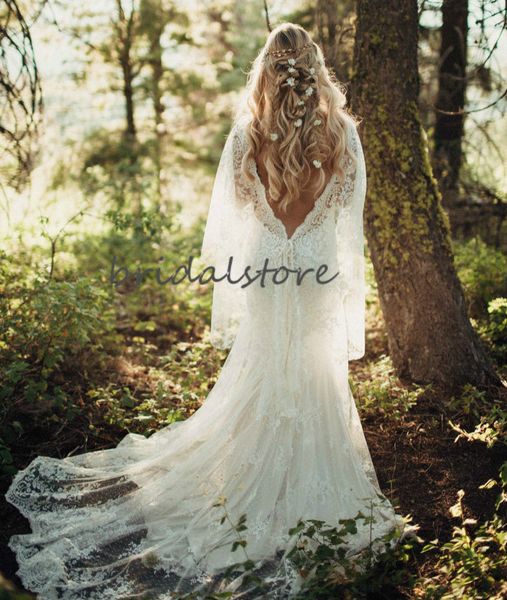 

forest mermaid wedding dresses flowy boho backless lace beach wedding dress low back sweep train hippie bohemian wedding gowns 2020, White