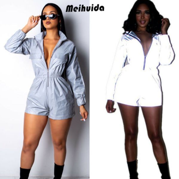 

2019 women reflective outfits crop pants sets two piece jumpsuit playsuit casual women club loose overalls zipper outfits, White