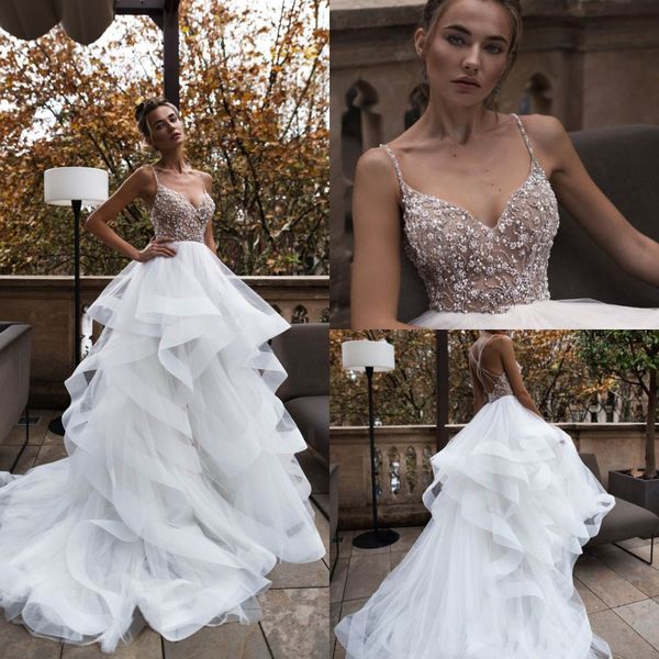 

nora naviano wedding dresses spaghetti straps lace beading bridal gowns 2019 sweep train a-line wedding dress robe de mariÃ©e, White