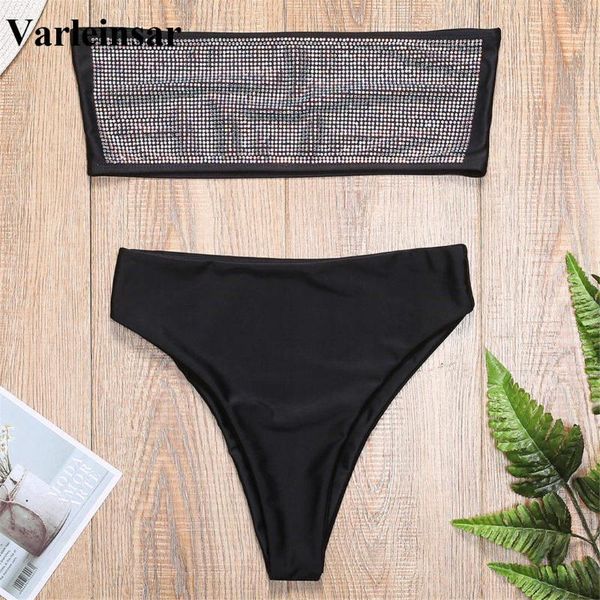 

shiny rhinestone bandeau high waist bikini 2020 female swimsuit women swimwear two-pieces bikini set bather bathing suit v2164