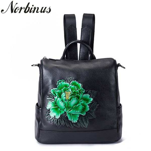 

norbinus genuine leather women backpack rucksack flower travel bag single shoulder bags embossed cowhide retro daypack knapsack