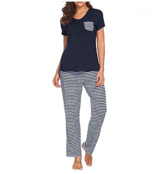 

womens sleepwear short sleeve long pants sets homme casual breathable womens sleepwear striped pocket all season, Black;red