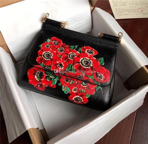 

2019 new style red floral sicily series pattern printing single shoulder tote messenger handbags lady bag layer leather leopard