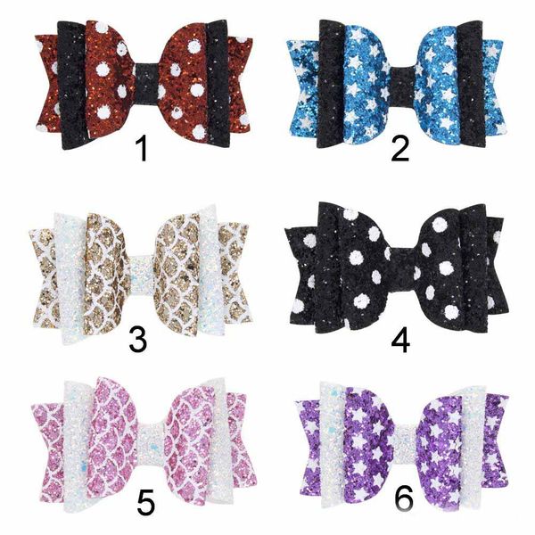 

girls glitter bows clip hairpins pu printed heart star sport shape sweet bow cartoon kids hair clips hairgrip, Slivery;white