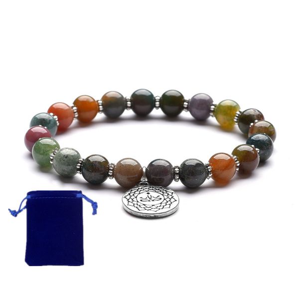 

8mm yoga meditation om pendant small snowflakes indian agate interfocal bead bracelet men and women easter gift bracelet, Black