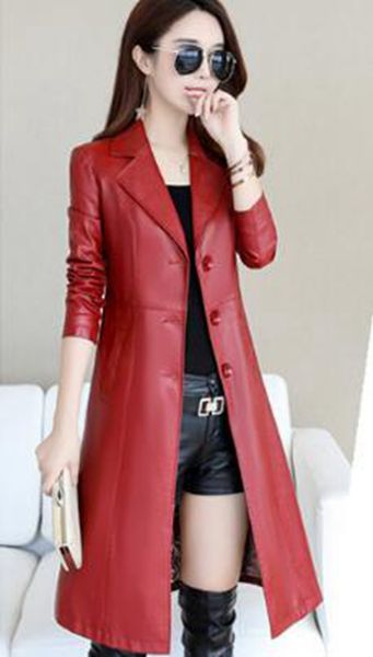 

women spring autumn leisure fashion new korean version boutique slim personality trend business in the long size leather trench coat m-5xl, Black
