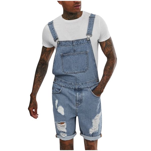 

2019 new mens hole hip hop ripped short jeans jumpsuits distressed denim overalls knee length suspender cowboy pants, Blue