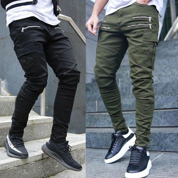 

2019 high waist solid mens pockets gym slim fit trousers tracksuit bottoms skinny joggers sweat track pants, Black