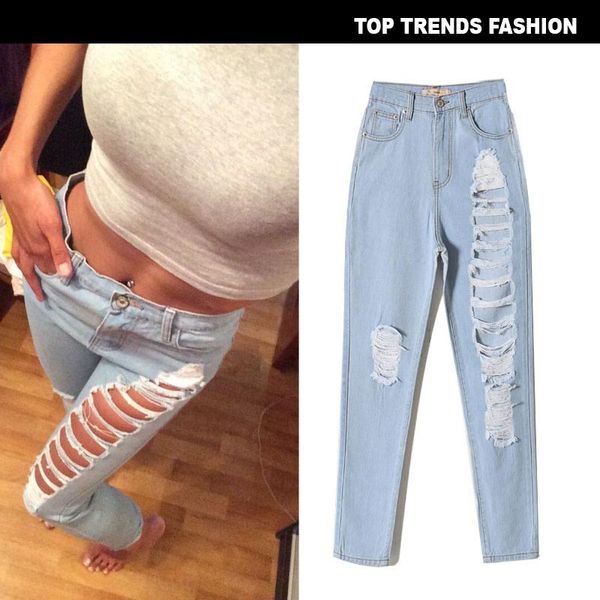 

2020 jeans pancil pants women high waist slim hole ripped denim jeans casual stretch trousers jeans pants for women, Blue
