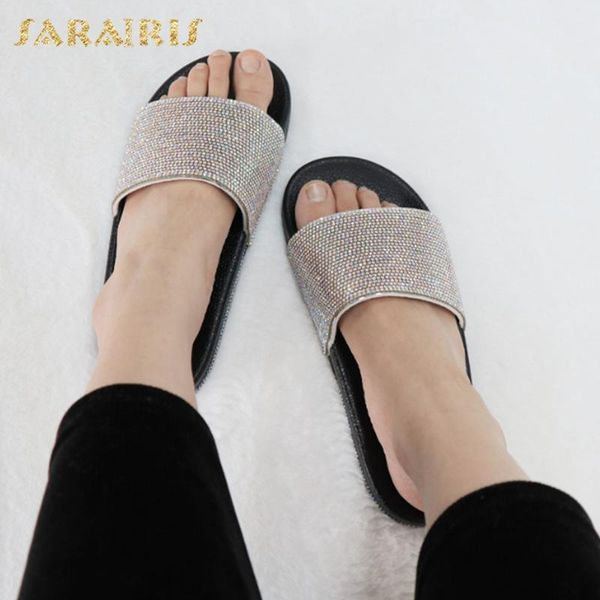 

sarairis 2020 design women slides wedges peep toe platform crystal summer outside women slippers, Black