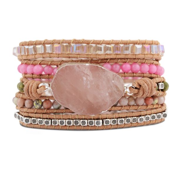

bohemian girls gifts handmade pink quartz bracelet natural stone bracelet 5 wraps for women dropshipping, Golden;silver