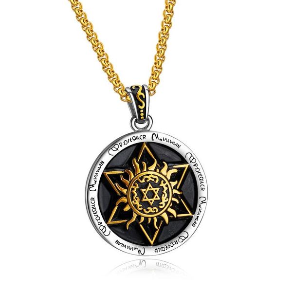 

punk rock titanium steel star of david hexagram round pendant necklace fo men jewelry gold silver color