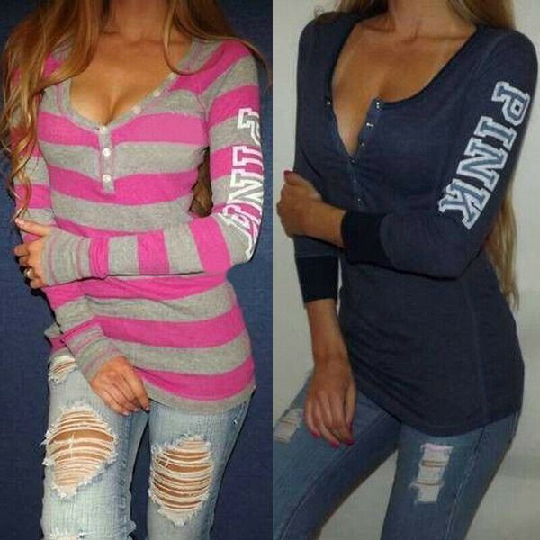 

2019 autumn pink fashion women ladies long sleeve shirt blouse letter printed casual tee popular striped ladies