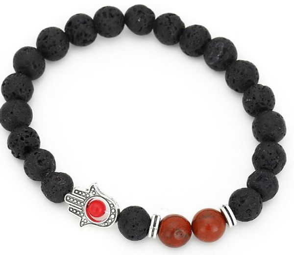 

8mm he888 micro pave cz zircon cubic zirconia elastic adjusted nature stone agate onyx volcanic lava fatima hand palm bracelet, Black