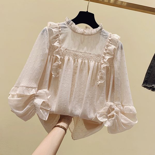 

ruffle blouse women chiffon blouse spring new fashion women's temperament flare sleeve blouses blusa feminina, White