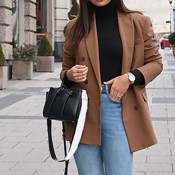 

мода женщины пальто коричневый с длинным рукавом отложным воротником костюм куртки негабаритных элегантный леди офис верхняя одежда кнопка к, Black;brown