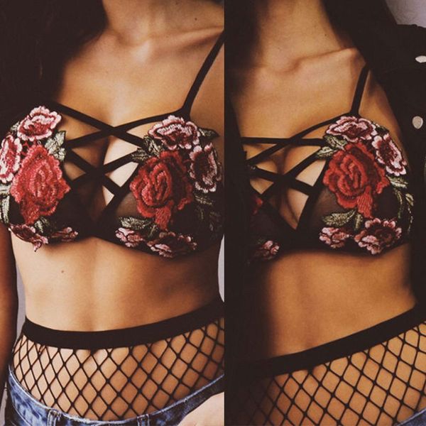 

womens bustier rose floral embroidered applique patch sheer mesh lingerie bralette cross bandage underwear strappy bra s, Black