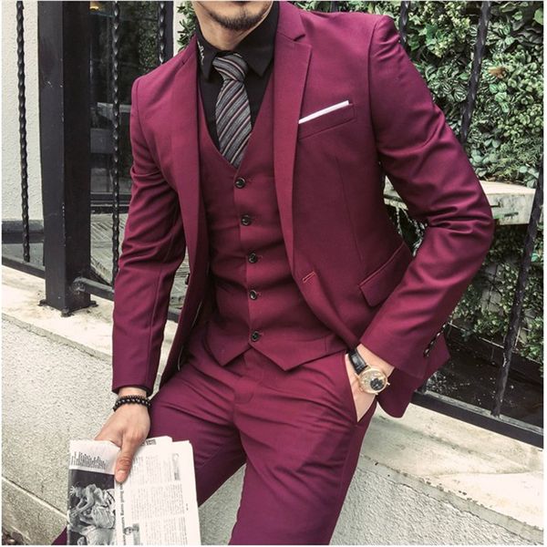 

2019 tailored burgundy purple suit men groom slim fit 3 piece tuxedo prom wedding suits blazer terno masuclino jacket+pant+vest, White;black
