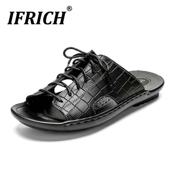 

new arrival men summer leather slippers anti-slip beach casual shoes for men fashion lacing slippers mens brand casual, Black