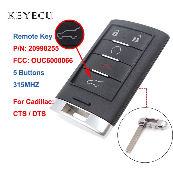 

keyecu 5 buttons remote car key fob 315mhz for cts dts 2008 2009 2010 2011 2012 2013, fcc: ouc6000066, p/n: 20998255