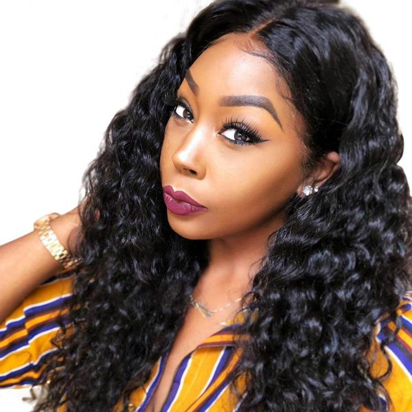 

волос волна воды фронта шнурка парики человеческих волос для женщин pre щипковых hairline младенца волос remy отбеленные узлы, Black