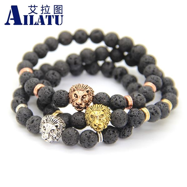 

ailatu men jewelry 8mm lava stone antique color lion head bracelet, Golden;silver