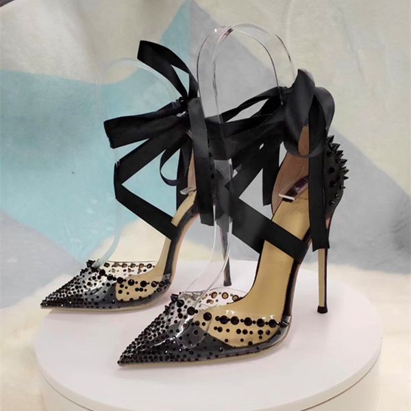 

2020 strap women bridal wedding spikes black ribbons crystal leather heels shoes designer pumps poined toes stiletto heel shoe