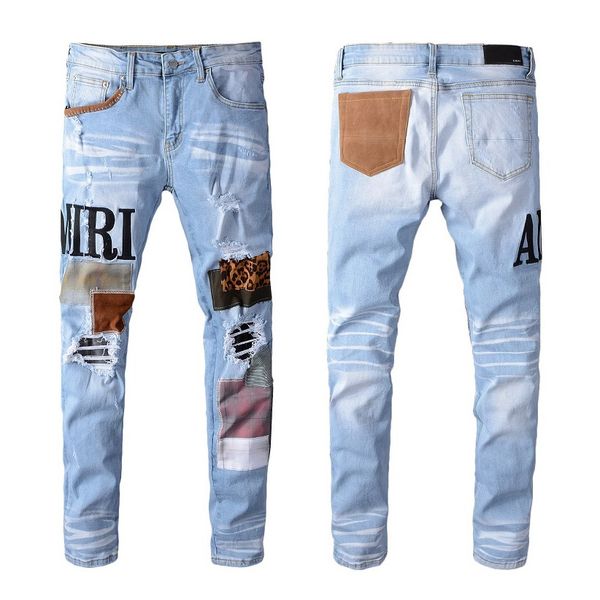 

mens designer jeans fashion washed and patched jeans luxury leopard trousers mens pants high st brand letters jean 2 colors 2019 winter new, Blue