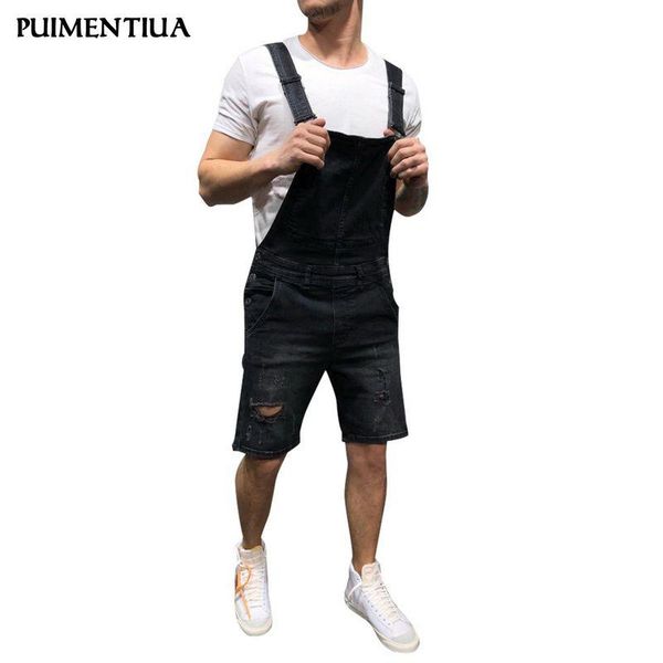 

puimentiua мужские летние повседневные отверстие слинг тонкий подтяжки 2019 мода джинсовые шорты плюс размер длина до колен рваные нагрудник, White;black