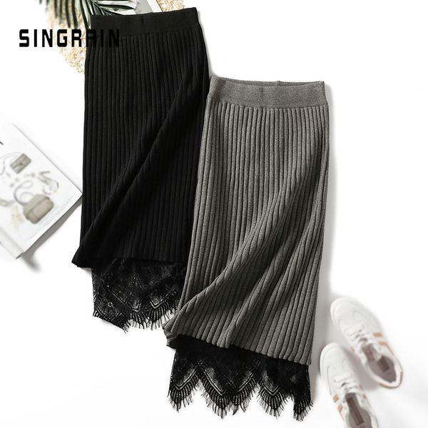 

singrain women knitted sweater skirt midi stripe lace pencil skirt high waist knitting bottoms elastic autumn warm winter, Black