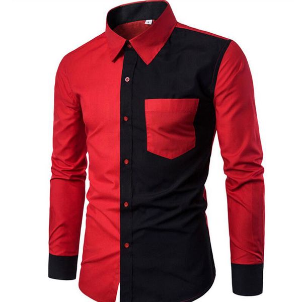 

019 autumn winter new cotton men shirt fashion black red patchwork casual slim long-sleeved shirt camisa masculina, White;black